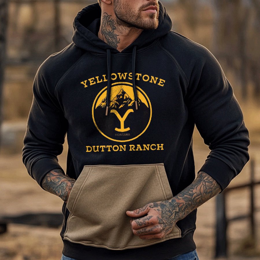 

Men's Yellowstone Vintage Wash Pocket Splicing And Contrasting Colors Long Sleeve Hoodie