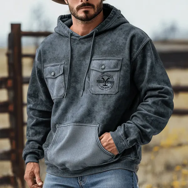 Men's Yellowstone Vintage Wash Pocket Long Sleeve Hoodie - Wayrates.com 