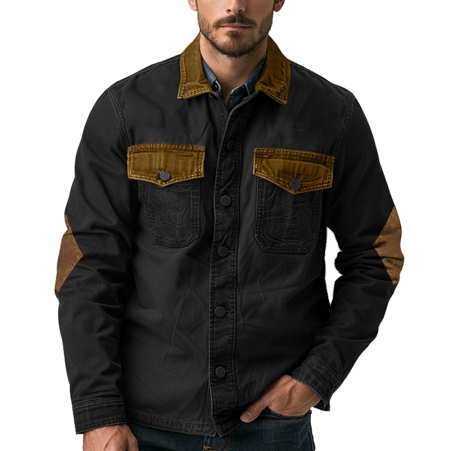 

Men's Retro Western Pocket Color Block Cargo Long Sleeve Jacket Shirt