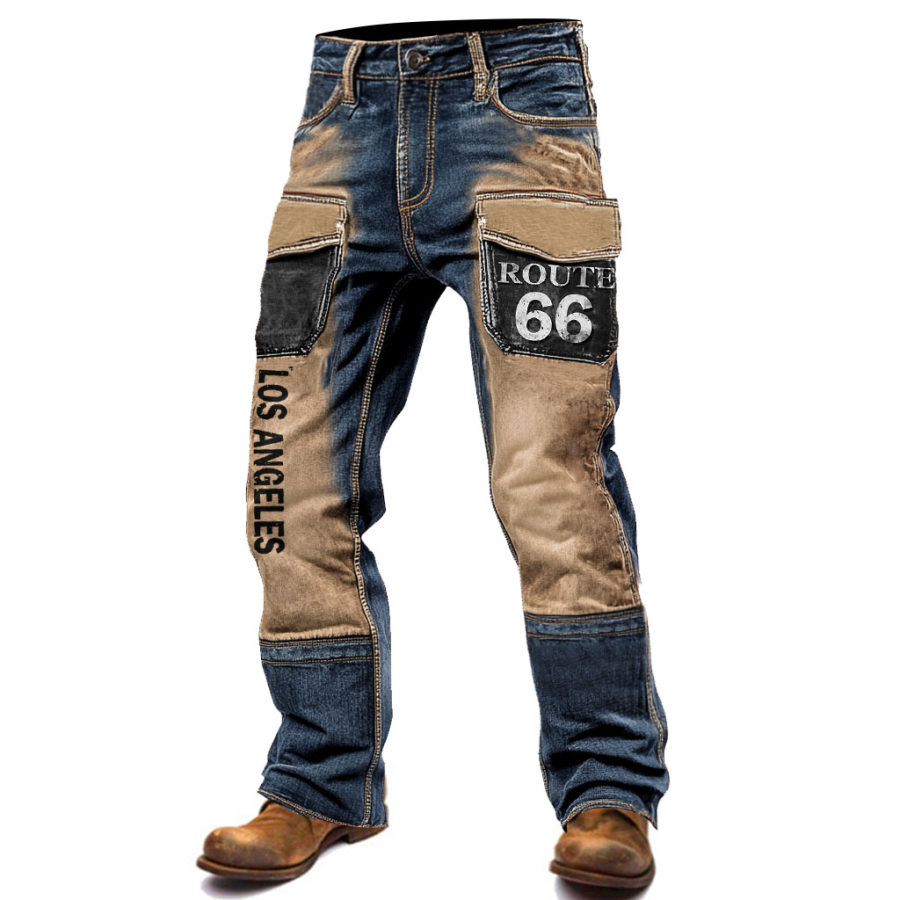 

Men's Vintage Route 66 Outdoor Road Trip Military Distressed Multi-pocket Color Block Tactical Pants