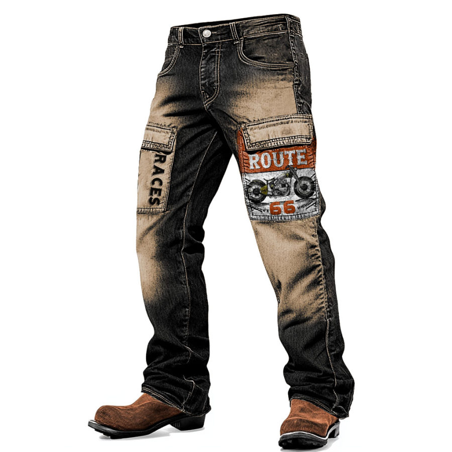 

Men's Vintage Route 66 Outdoor Road Trip Motorcycle Race Gradient Military Distressed Multi-pocket Tactical Pants