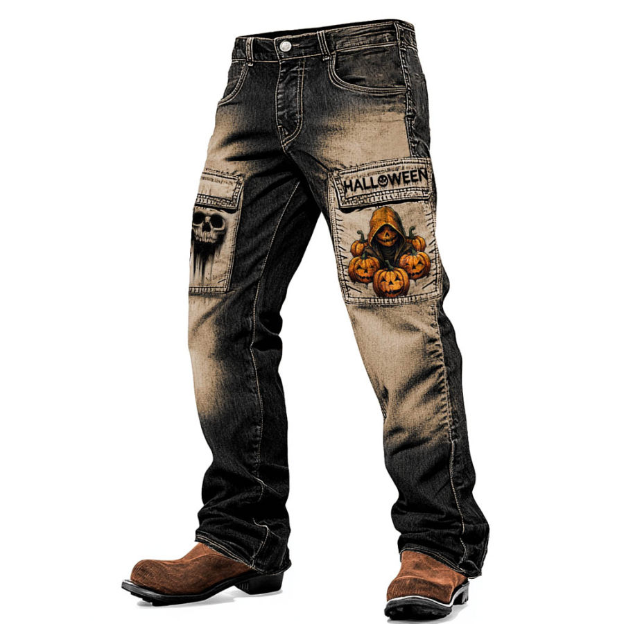 

Men's Vintage Halloween Pumpkin Skull Outdoor Motorcycle Race Gradient Military Distressed Multi-pocket Tactical Pants