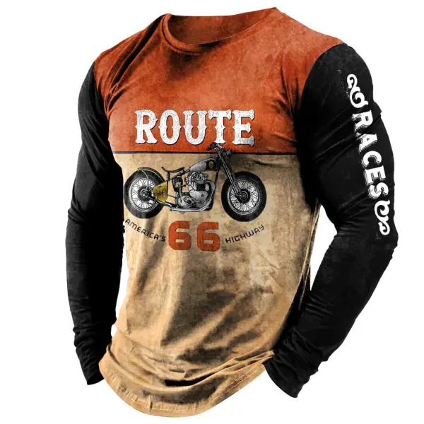 Men's Vintage Route 66 Road Trip Races Long Sleeve Casual Crew Neck T-shirt - Dozenlive.com 