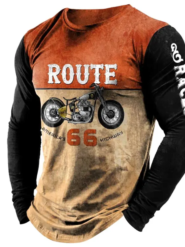 Men's Vintage Route 66 Road Trip Races Long Sleeve Casual Crew Neck T-shirt - Menwyx.com 