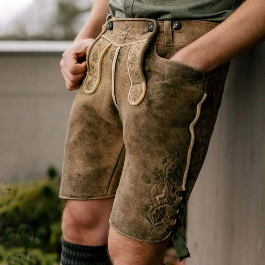 

Men's Vintage Bavarian National Print Suede Shorts