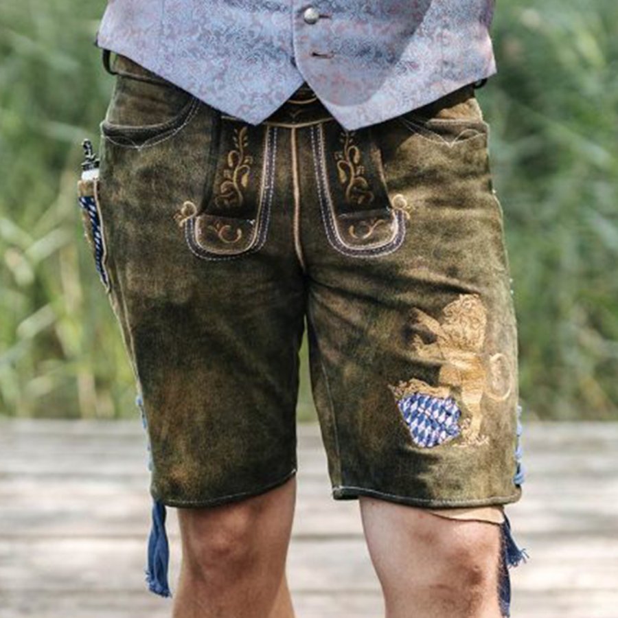 

Men's Vintage Bavarian National Print Suede Strap Shorts