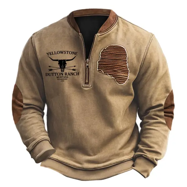 Men's Vintage Yellowstone Pressed Sleeve Elbow Patch Color Block Henley Zipper Long Sleeve Sweatshirt - Menzfolk.com 