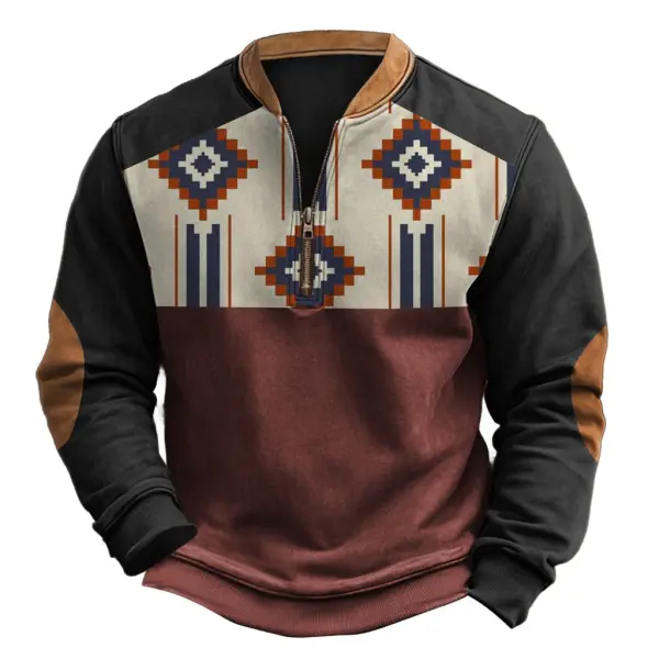 Men's Vintage Western Cowboy Ethnic Elbow Patch Color Block Henley Zipper Long Sleeve Sweatshirt - Rabclub.com 