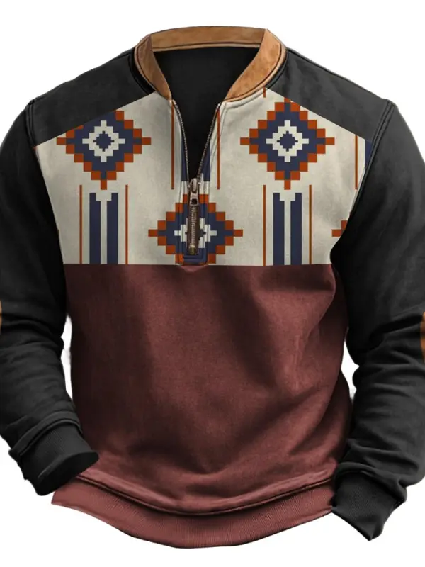 Men's Vintage Western Cowboy Ethnic Elbow Patch Color Block Henley Zipper Long Sleeve Sweatshirt - Menwyx.com 