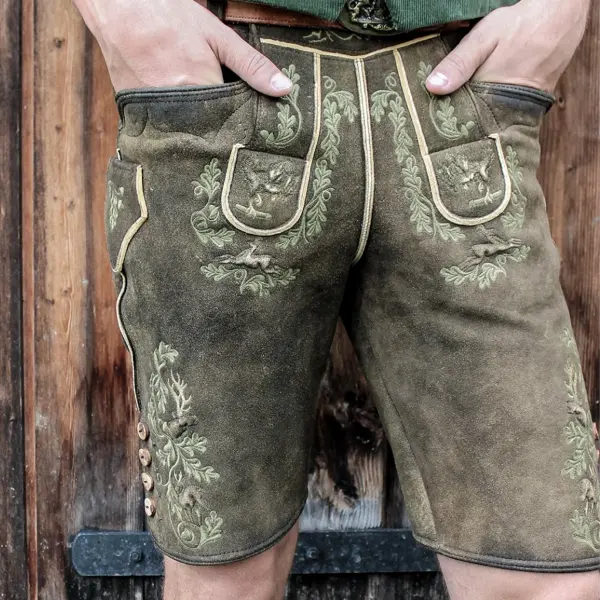 Men's Vintage Bavarian National Print Suede Strap Shorts - Wayrates.com 