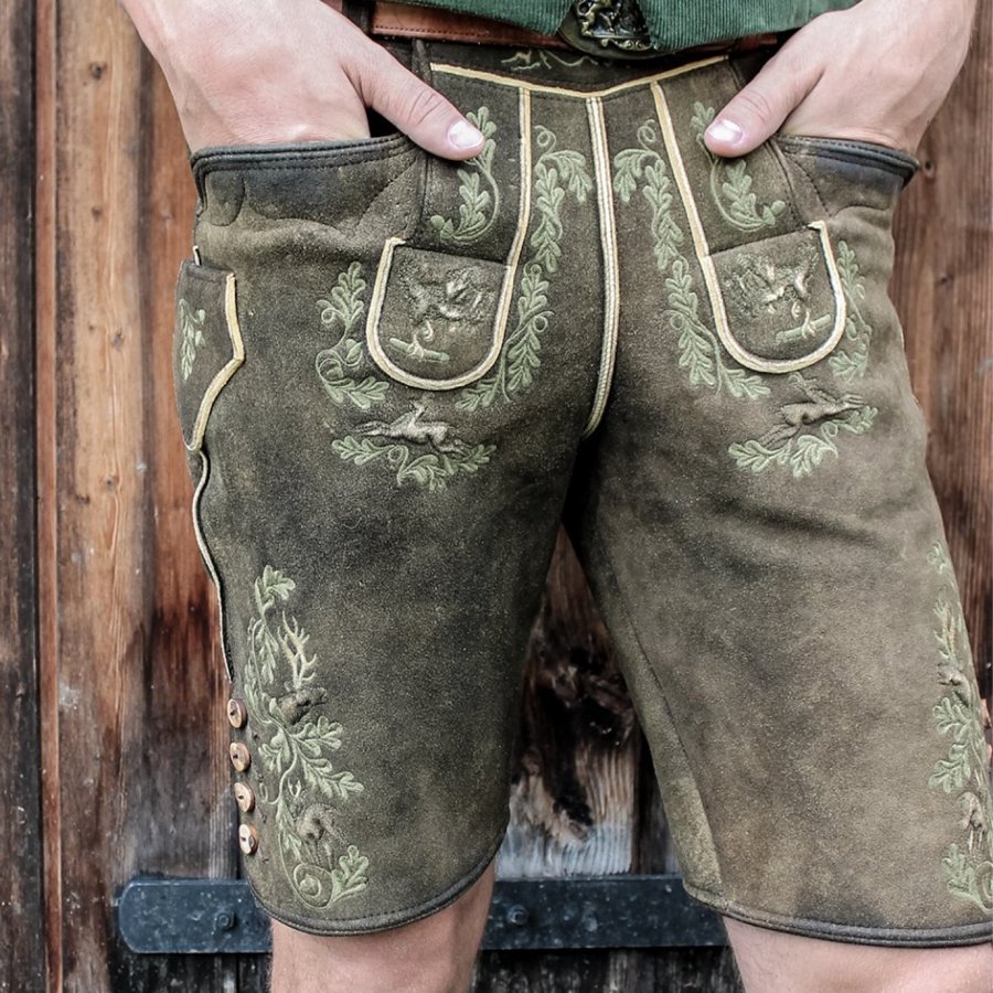 

Men's Vintage Bavarian National Print Suede Strap Shorts