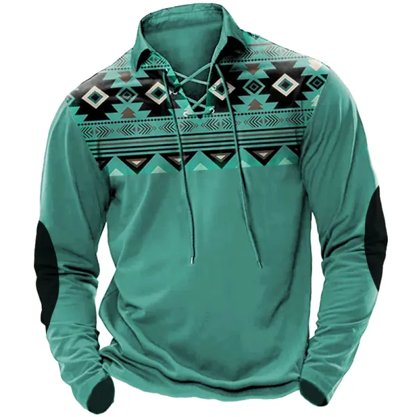 Men's Western Cowboy Aztec Print Retro Collar Drawstring Polo Long Sleeve T-shirt - Anurvogel.com 