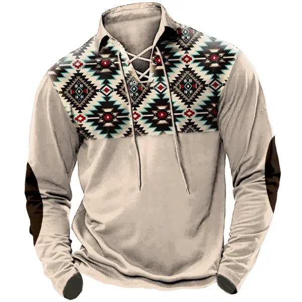 Men's Western Cowboy Aztec Print Retro Collar Drawstring Polo Long Sleeve T-shirt - Anurvogel.com 