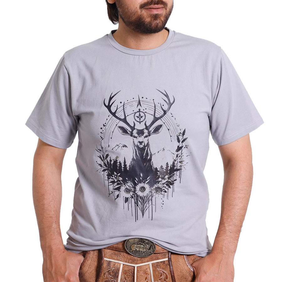 

Men's Vintage Bavarian Traditional Deer Hunting Print Crew Neck Short Sleeve T-shirt