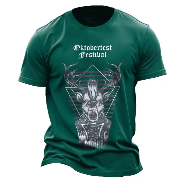 Men's Vintage Forest Bavarian Deer Hunting Print Crew Neck Short Sleeve T-shirt - Dozenlive.com 