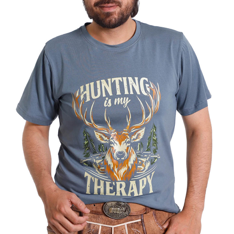 

Men's Vintage Traditional Bavarian Deer Hunting Print Crew Neck Short Sleeve T-shirt