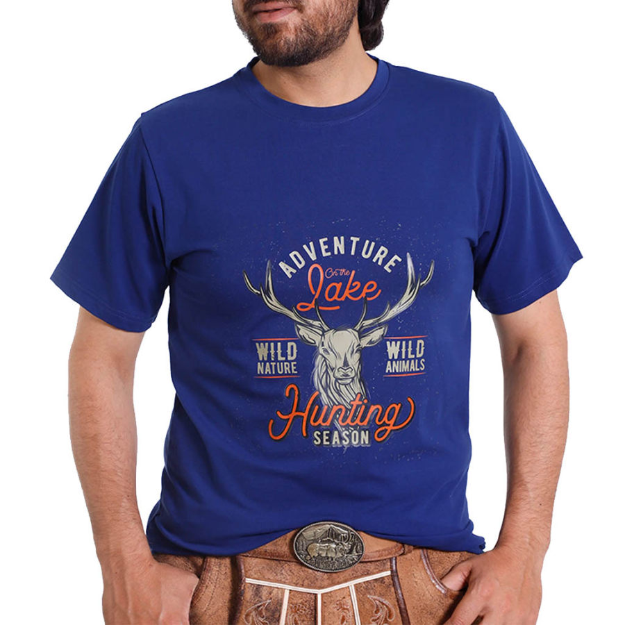 

Men's Vintage Royal Blue Celebrating Bavarian Deer Hunting Print Crew Neck Short Sleeve T-shirt