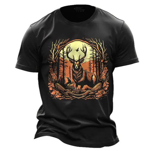 Men's Vintage Midnight Black Bavarian Deer Hunting Print Crew Neck Short Sleeve T-shirt - Dozenlive.com 