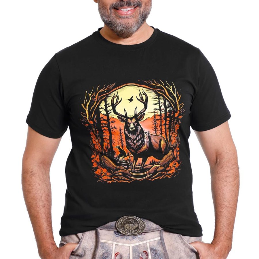 

Men's Vintage Midnight Black Bavarian Deer Hunting Print Crew Neck Short Sleeve T-shirt