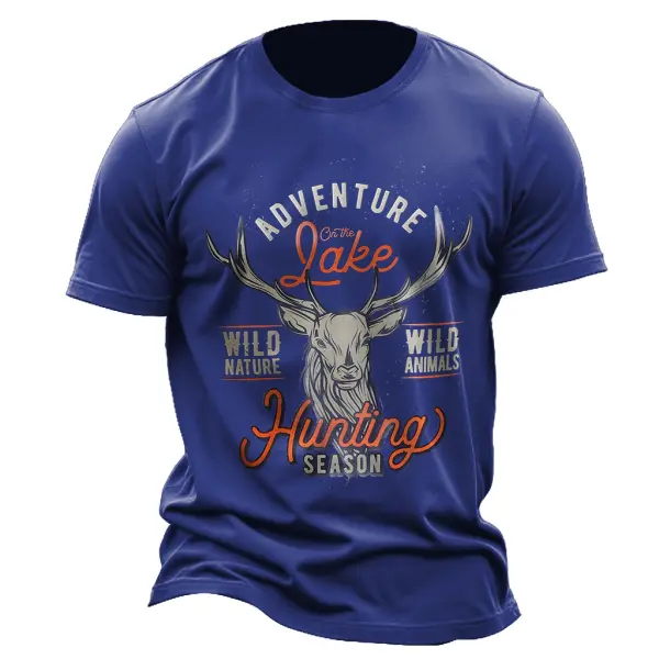 Men's Vintage Royal Blue Celebrating Bavarian Deer Hunting Print Crew Neck Short Sleeve T-shirt - Anurvogel.com 