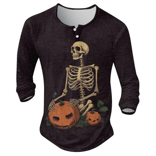 Men's Vintage Halloween Print Long Sleeve Casual Holiday Henley Neck Tee - Anurvogel.com 