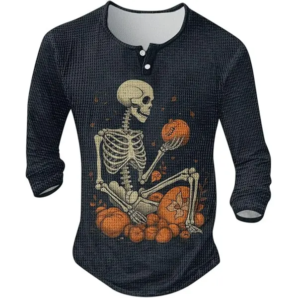 Men's Vintage Halloween Skull Print Long Sleeve Casual Holiday Henley Neck Tee - Anurvogel.com 