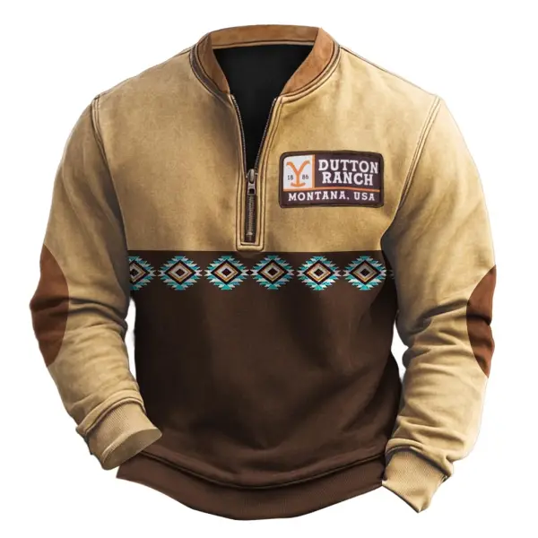 Men's Vintage Yellowstone Dutton Ranch Ethnic Aztec Elbow Patches Henley Zipper Long Sleeve Sweatshirt - Rabclub.com 