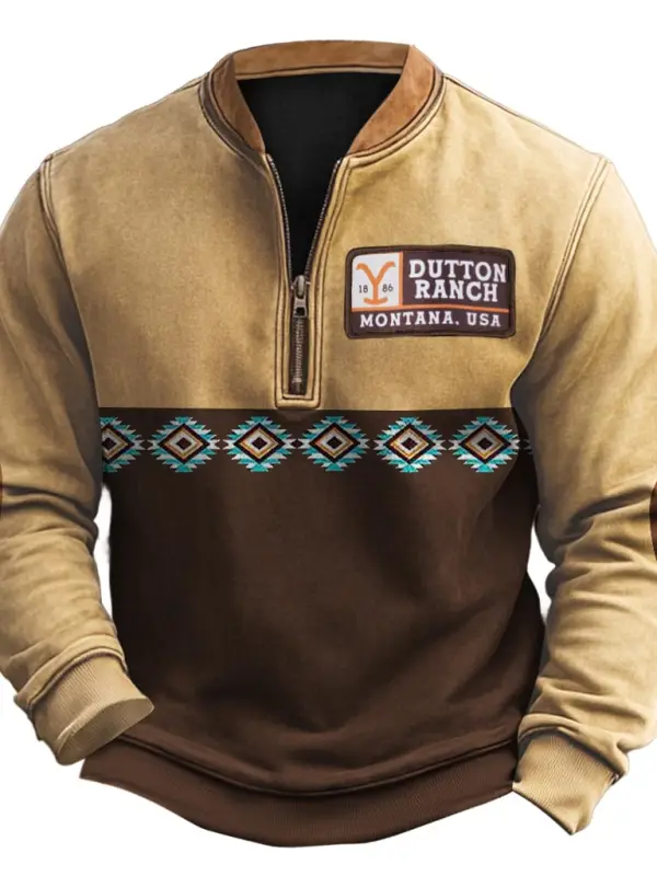 Men's Vintage Yellowstone Dutton Ranch Ethnic Aztec Elbow Patches Henley Zipper Long Sleeve Sweatshirt - Menwyx.com 