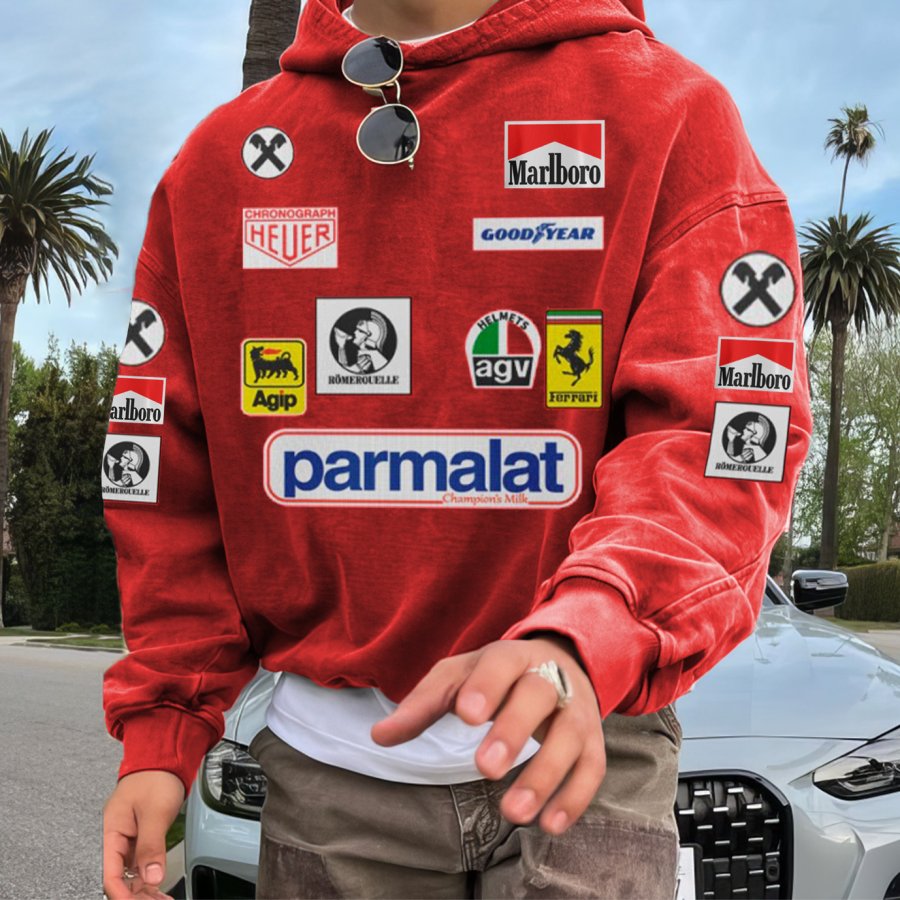 

Men's Retro Racing Print Red Oversized Hoodie