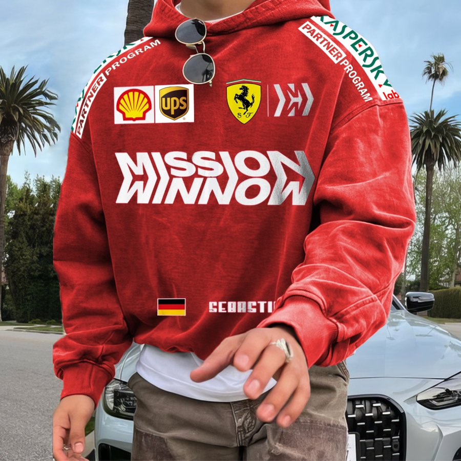 

Men's Retro Racing Print Red Oversized Hoodie