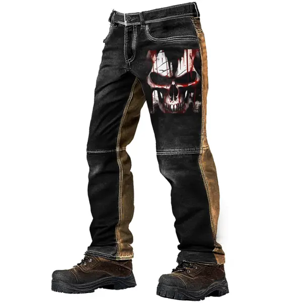 Men's Vintage Horror Skull Halloween Outdoor Color Block Military Distressed Tactical Pants - Wayrates.com 