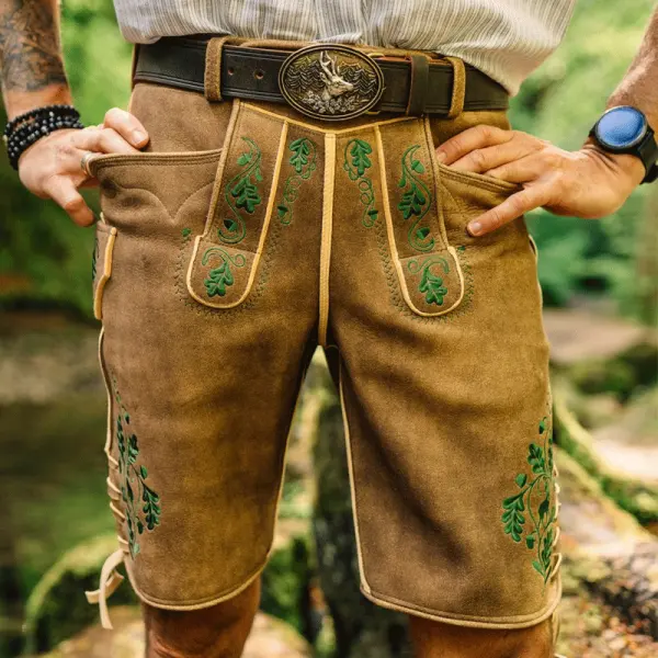 Men's Vintage Oktoberfest Bavaria Lederhosen West Cowboy Pocket Traditional Shorts - Wayrates.com 