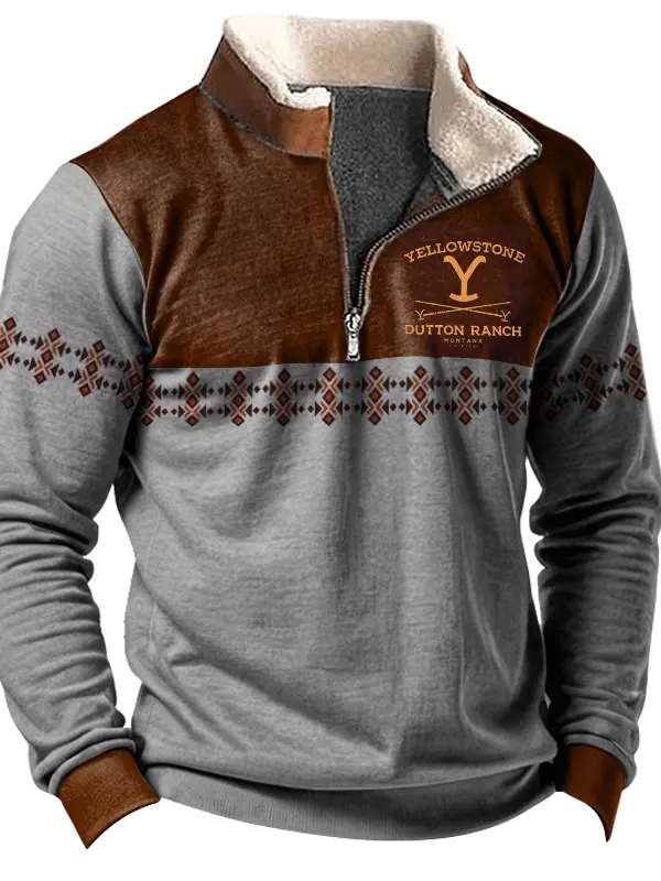 Men's Yellowstone Collar Fleece Printed 1/4 Zipper Sweatshirt - Menwyx.com 