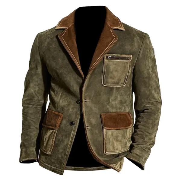 Men's Vintage Suede Multi-Pocket Color Block Reversal Collar Outdoor Jacket - Dozenlive.com 