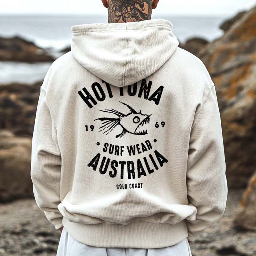 

Men's Vintage Corduroy Surf Print Pocket Long Sleeve Casual Hoodie