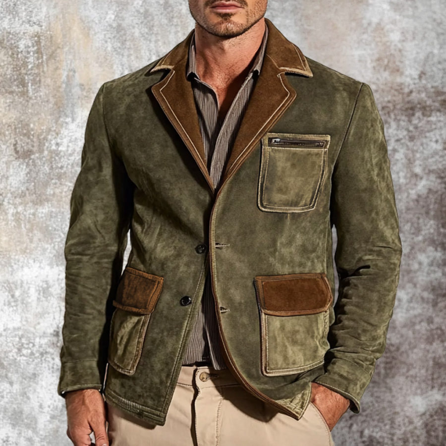 

Men's Vintage Suede Multi-Pocket Color Block Reversal Collar Outdoor Jacket