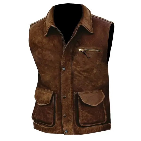 Men's Vintage Suede Multi-Pocket Outdoor Motorcycle Lapel Vest Jacket - Cotosen.com