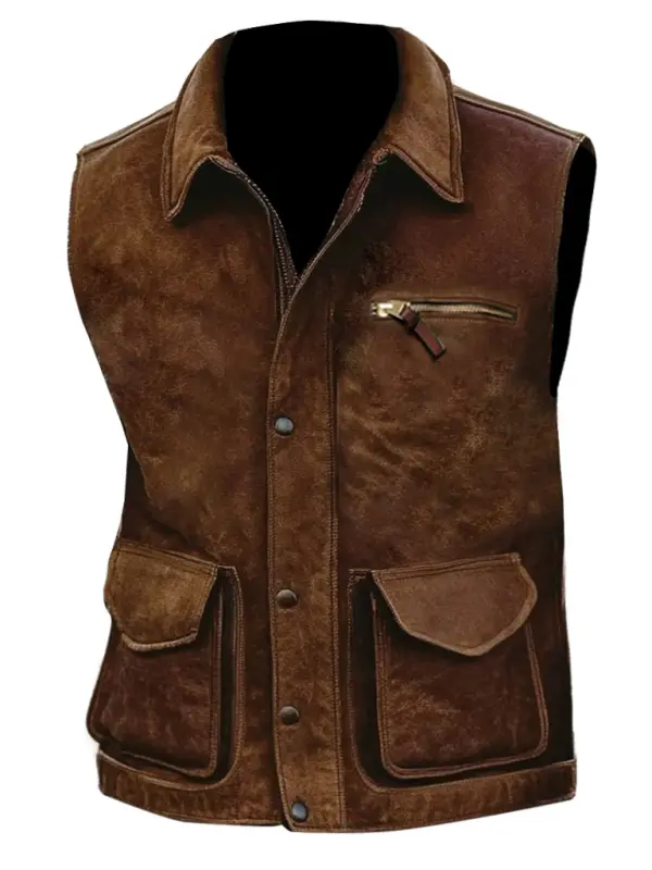 Men's Vintage Suede Multi-Pocket Outdoor Motorcycle Lapel Vest Jacket - Menwyx.com 