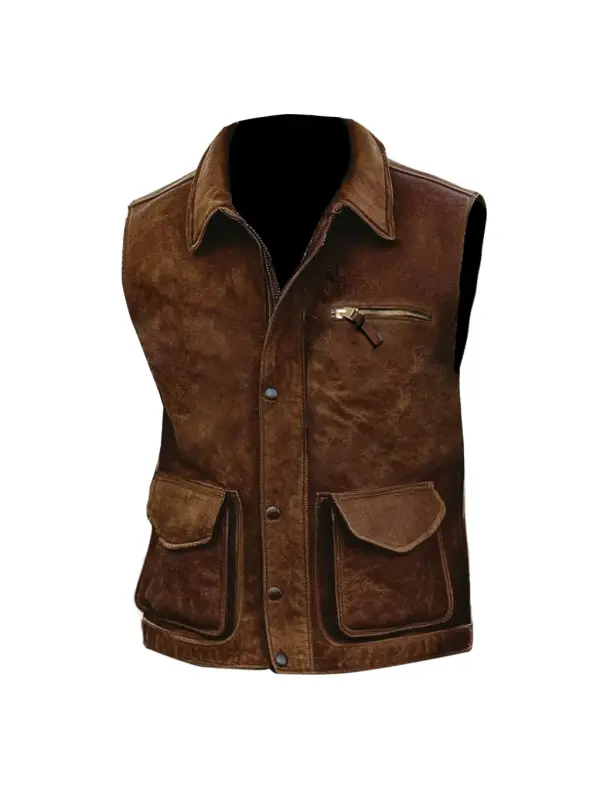 Men's Vintage Suede Multi-Pocket Outdoor Motorcycle Lapel Vest Jacket - Timetomy.com 