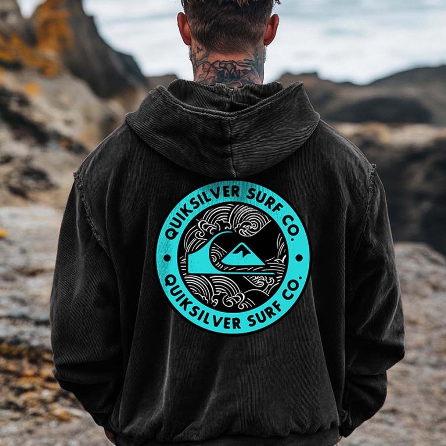 

Men's Vintage Corduroy Surf Print Pocket Long Sleeve Casual Hoodie