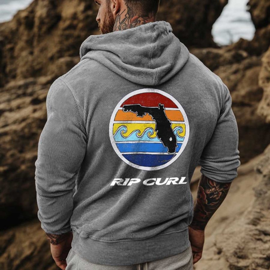 

Men's Vintage Corduroy Surf Print Pocket Long Sleeve Casual Hoodie