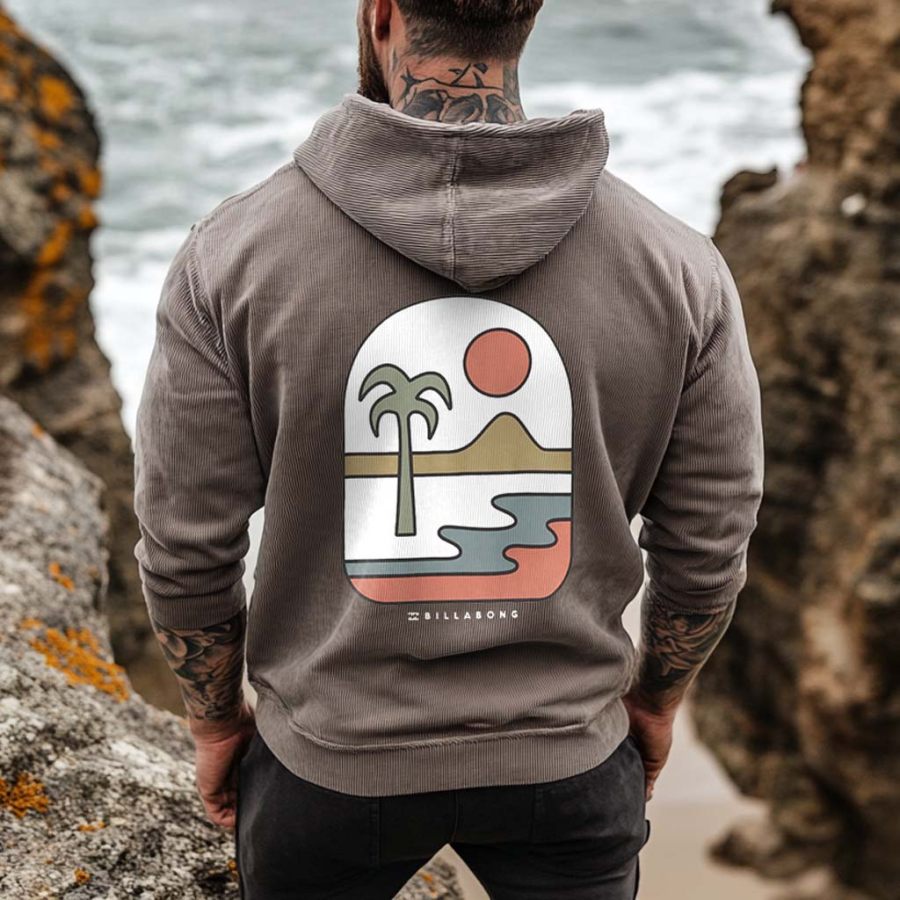 

Men's Vintage Corduroy Surf Print Pocket Long Sleeve Casual Hoodie