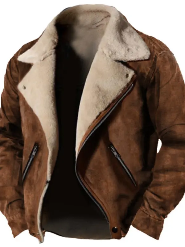 Men's Vintage Outdoor Training Suede Zip Pocket Lamb Fleece Collar Warm Jacket - Menwyx.com 