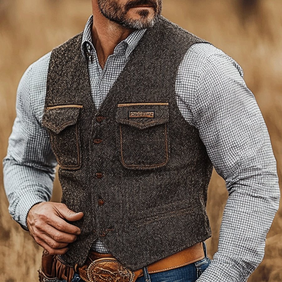 

Men's Western Cowboy Retro Herringbone Pattern Woolen Pocket Vest