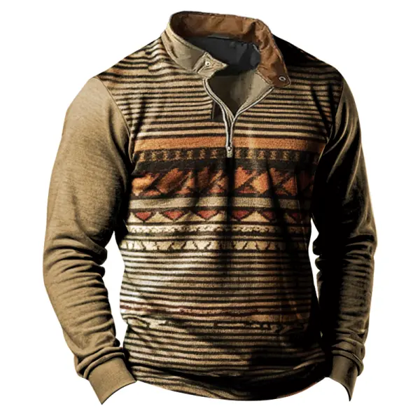 Men's Vintage Ethnic Printed Zipper Collar Sweater - Menzfolk.com 