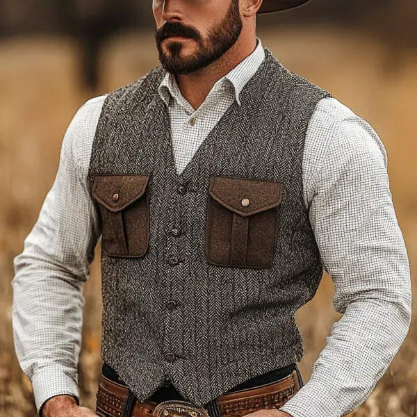 Men's Western Cowboy Retro Herringbone Pattern Woolen Pocket Vest - Anurvogel.com 