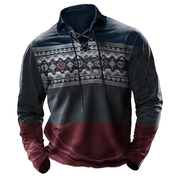 Men's Vintage Ethnic Printed Drawstring Polo Collar Long Sleeved T-shirt - Anurvogel.com 