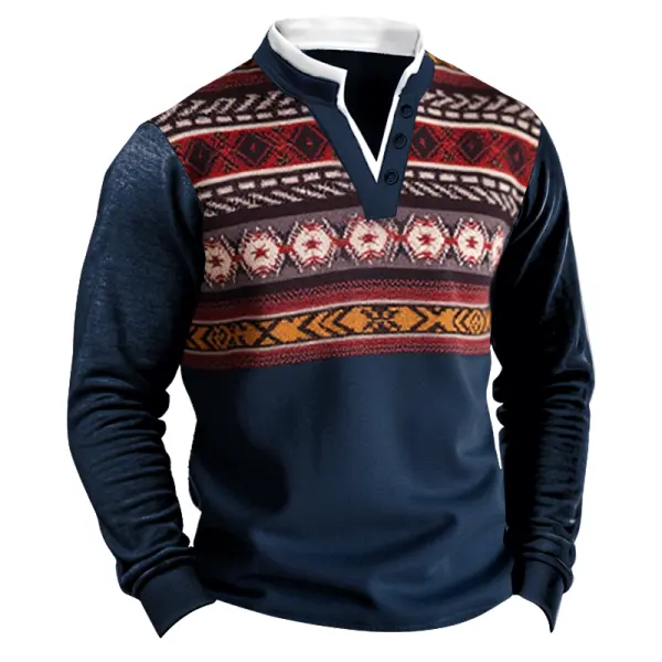 Men's Vintage Ethnic Printed V-neck Sweater - Dozenlive.com 