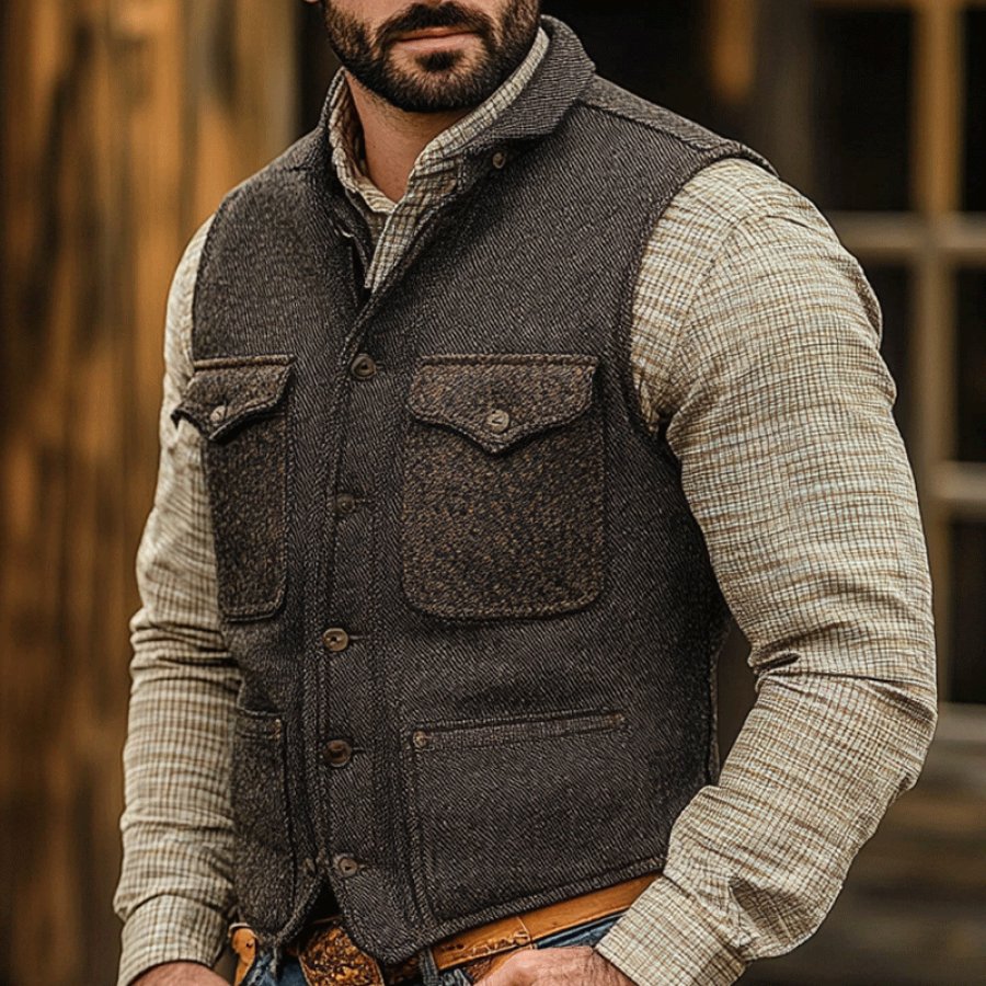 

Men's Western Cowboy Retro Herringbone Pattern Woolen Pocket Vest