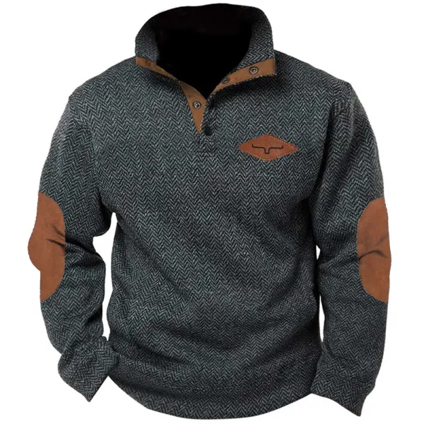 Men's Retro Herringbone Fabric Henley Elbow Patch Color Block Western Sweatshirt - Anurvogel.com 